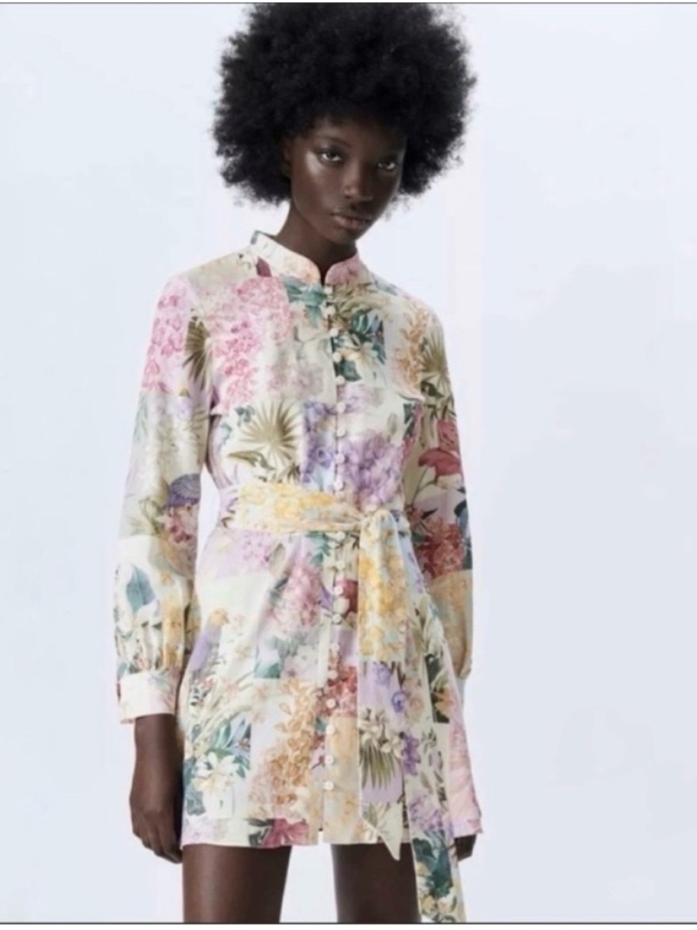 Zara Parrot Tropical Floral Print Tie-Waist Mini Linen Shirt Dress